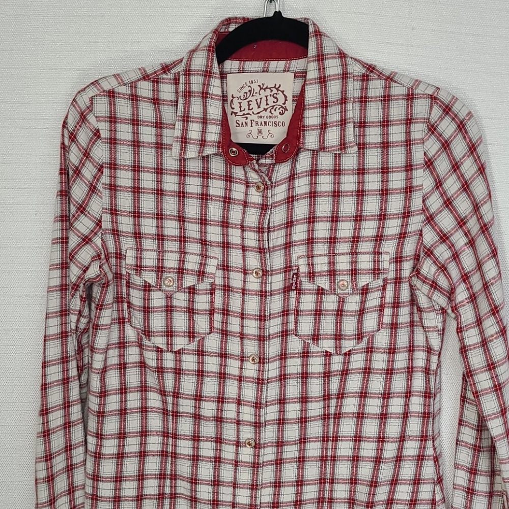 Levi's Top Long Sleeve Snap Button-Down Plaid Red Size Medium - Picture 2 of 12